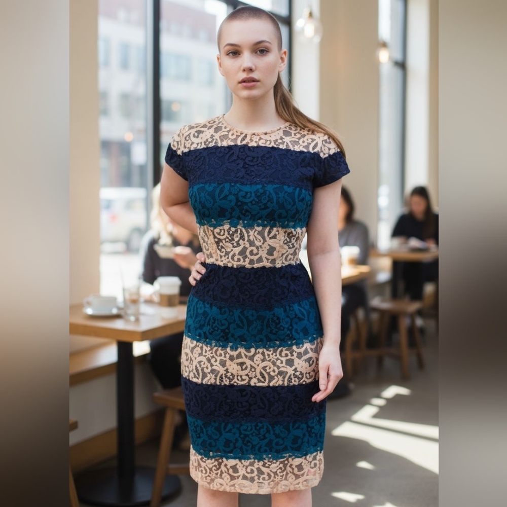 🦜 2/$10 Ann Taylor Lace Stripe Multicolor Dress. Sz.4. - Picture 1 of 11